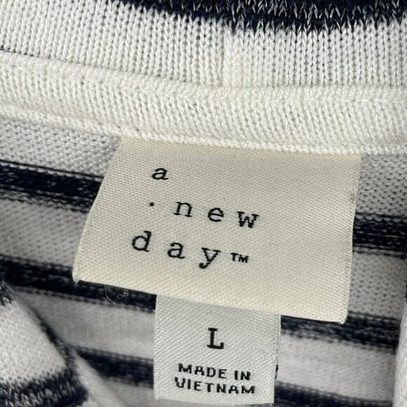 A New Day Sweater Womens Sz L White Striped Hooded Drop Shoulder Sleeve Pullover - Picture 11 of 12